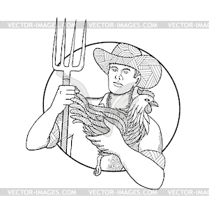 Farmer Holding Hen Pitchfork Zentagle - vector image