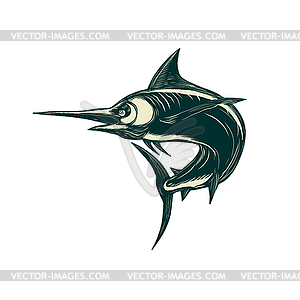 Blue Marlin Jump Scratchboard - vector clipart