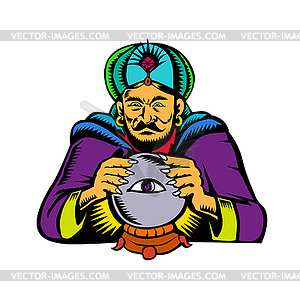 Fortune Teller With Crystal Ball Woodcut - vector image