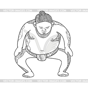Sumo Wrestler Stomping Doodle - white & black vector clipart