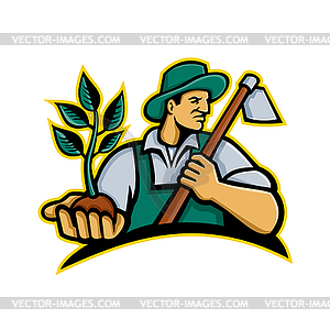 Organic Farmer Holding Plant Mascot - vector image