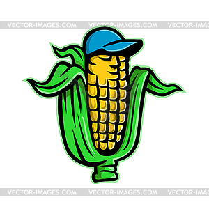 Кукуруза на початке с бейсбольным шляпкой - векторное изображение клипарта