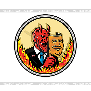 Demon Holding Mask With Flames Mascot - vector clip art