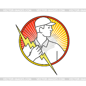Electrician Holding Lightning Bolt Circle Monoline - vector image
