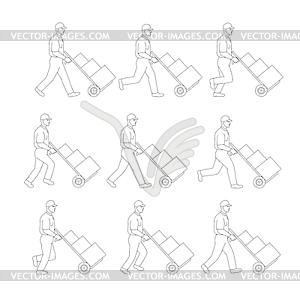 Delivery Worker Pushing Hand Cart Walk Sequence - vector clipart