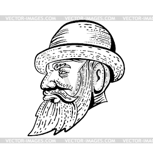 Hipster Wearing Bowler Hat Etching Black and White - vector clipart