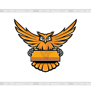 Yellow Owl Spreading Wings Banner Mascot - vector clip art