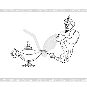 Genie Coming Out of Oil Lamp Black and White Drawing - royalty-free vector clipart