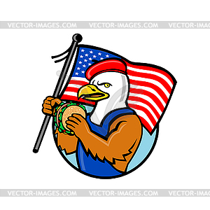 American Eagle Holding Burger and USA Flag Mascot - vector image