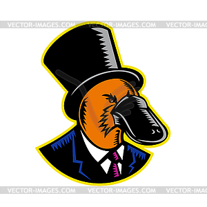 Duck-billed Platypus Tophat Woodcut Color - vector image