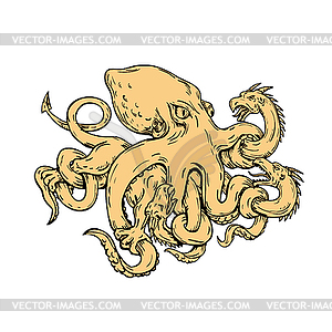 Giant Octopus Fighting Hydra Drawing - vector clip art