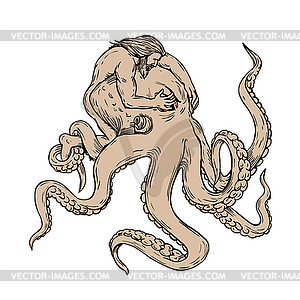 Hercules Fighting Giant Octopus Drawing - vector image