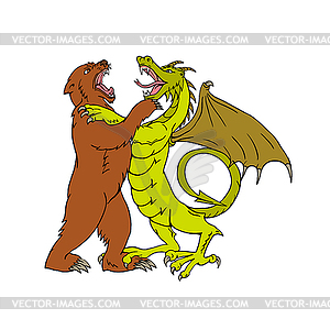 Chinese Dragon Fighting Grizzly Bear Drawing Color - vector clipart