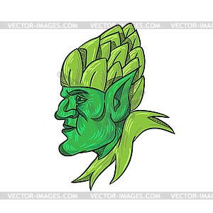 Green Elf Wearing Hops on Head Drawing - vector EPS clipart