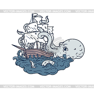Kraken Attacking Sailing Galleon Doodle Art Color - vector clip art