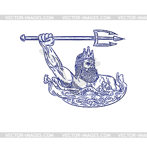 Triton Wielding Trident Drawing Blue - vector image