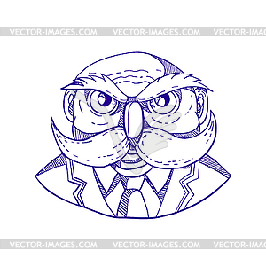 Angry Owl Man Mustache Doodle - vector image