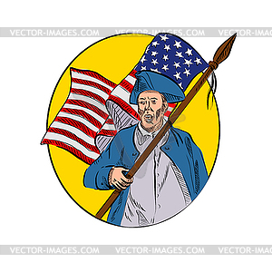 Американский патриот держит американский флаг рисунок - иллюстрация в векторном формате