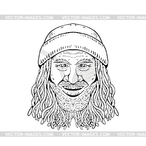 Rastafarian Dude Head Front Drawing Black and White - vector image