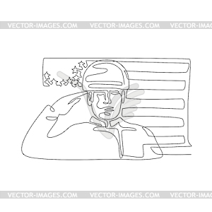 American Soldier Saluting USA Flag Continuous Line - vector clipart