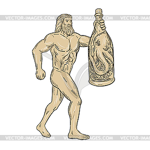 Hercules With Bottled Up Angry Octopus Drawing - stock vector clipart