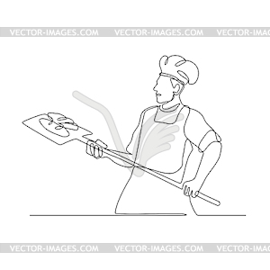 Baker With Oven Peel Continuous Line - royalty-free vector image