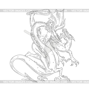 Hercules Grappling Dragon Drawing Black and White - vector clipart