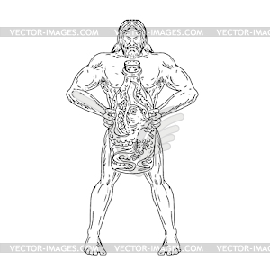 Hercules Hold Bottle Octopus Inside Drawing Black - vector image