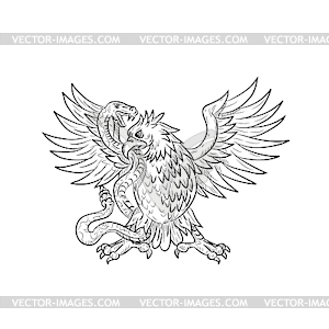 Mexican Eagle Fighting Rattlesnake Drawing Black an - vector image