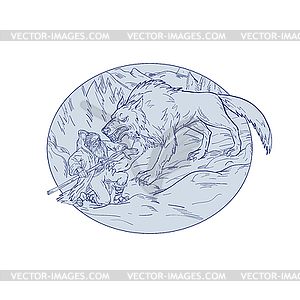 Fenrir Attacking Norse God Odin Drawing Color - vector clipart