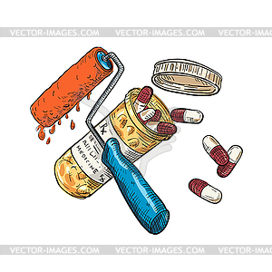 Paint Roller Medicine Capsule Bottle Drawing Color - vector clipart