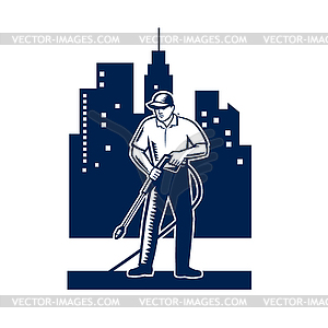 Pressure Washing Buildings Woodcut Retro - vector clipart / vector image