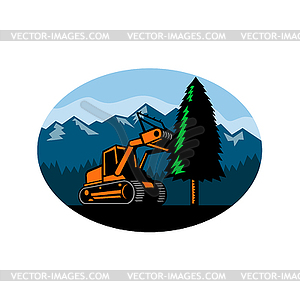 Forestry Mulcher Tearing Tree Oval Retro - vector image