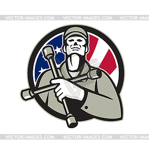 American Tire Mechanic Holding Tire Wrench USA - vector clipart