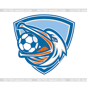 Пеликан футбольный мяч в рот рот щит - иллюстрация в векторном формате
