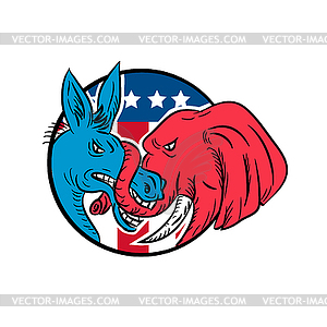 Donkey Biting Elephant Trunk American Flag Drawing - vector image