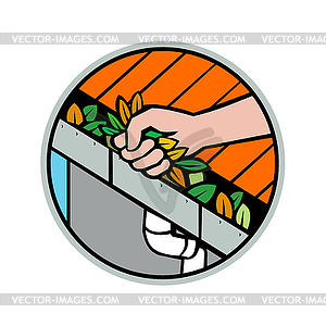 Hand Cleaning Roof Rain Gutter Icon - vector clipart