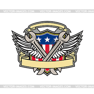 Crossed Wrench Army Wings American Flag Shield - vector image