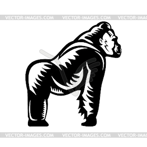 Silverback Gorilla Side View Woodcut - vector image