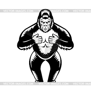 Silverback Gorilla Beating Chest Woodcut - vector image