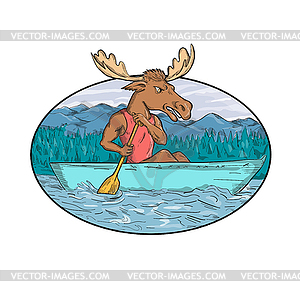 Moose Paddling Canoe Drawing Oval - vector clipart