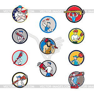 Plumber Mascot Circle Cartoon Set - vector clipart