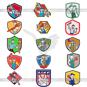 Plumber Mascot Crest Cartoon Set - vector image