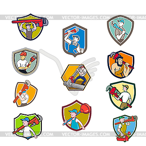 Plumber Mascot Crest Cartoon Set - vector clipart