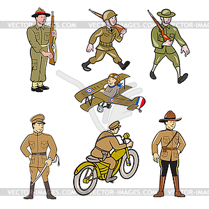 Мультипликационный набор солдат Первой мировой войны - рисунок в векторном формате