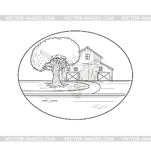 American Farm House or Barn Oak Tree Monoline Oval - vector image