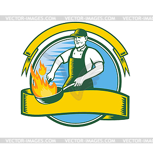 Шеф-повар готовит огненную сковороду круг ретро талисман - изображение в векторном формате