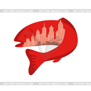 Trout With Building Skyline Inside Icon - vector clipart