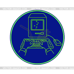 Hand Typing Classic Computer Neon Sign Oval - vector image