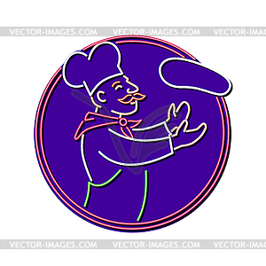 Pizza Chef Tossing Dough Neon Sign Oval - vector clip art